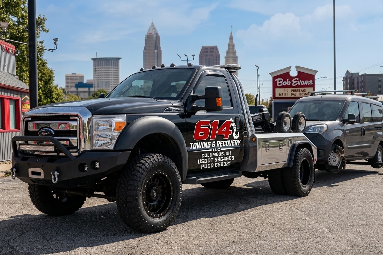 614 Towing & Recovery tow truck with a van in tow